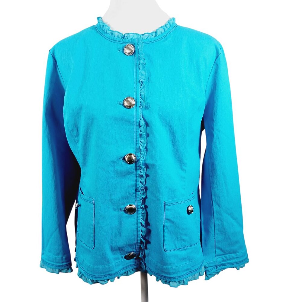 NWOT Joan Rivers Turquoise Jacket W/ Ruffled Trim, Decorative Buttons,  Sz 14